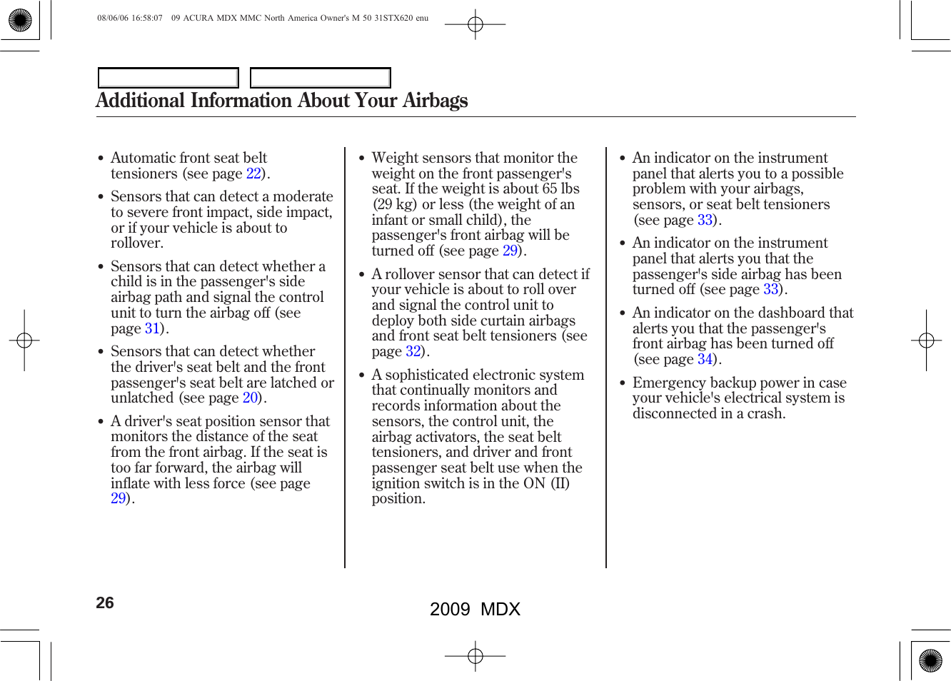 Additional information about your airbags, 2009 mdx | Acura 2009 MDX User Manual | Page 30 / 489