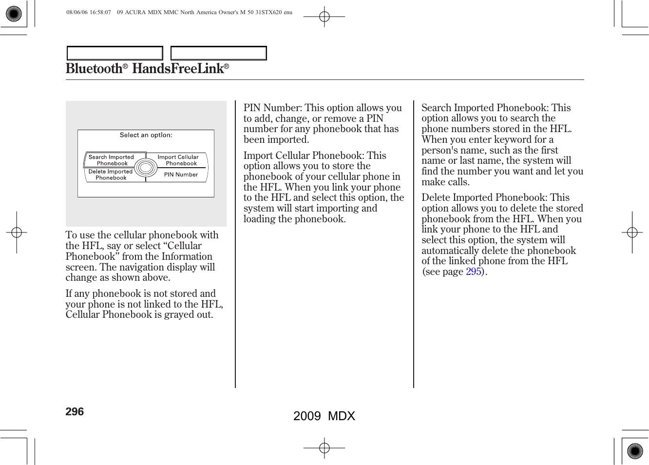 Bluetooth, Handsfreelink, 2009 mdx | Acura 2009 MDX User Manual | Page 300 / 489