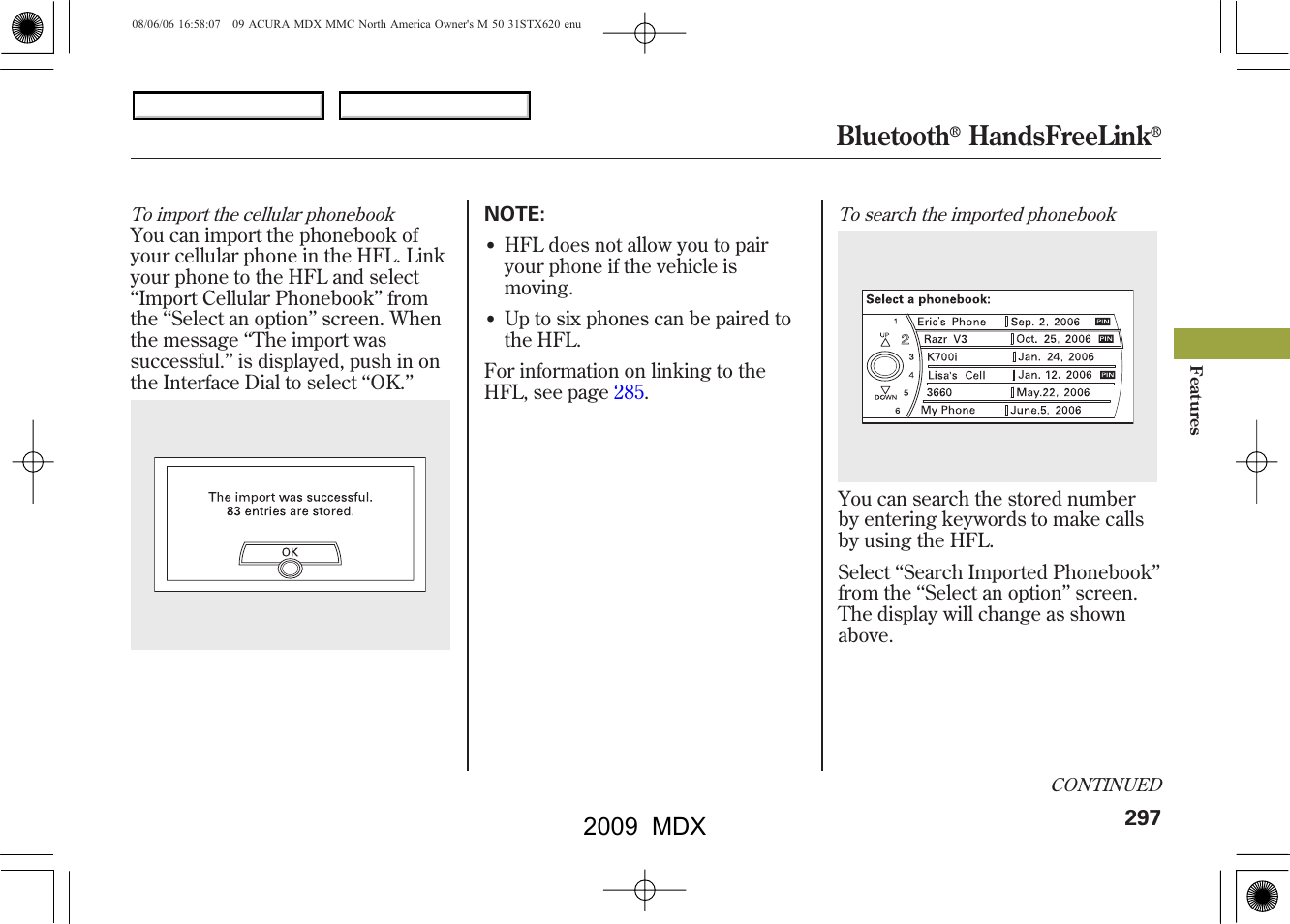 Bluetooth, Handsfreelink, 2009 mdx | Acura 2009 MDX User Manual | Page 301 / 489