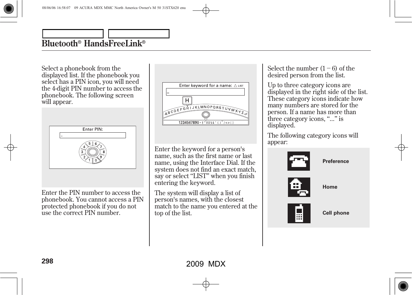 Bluetooth, Handsfreelink, 2009 mdx | Acura 2009 MDX User Manual | Page 302 / 489