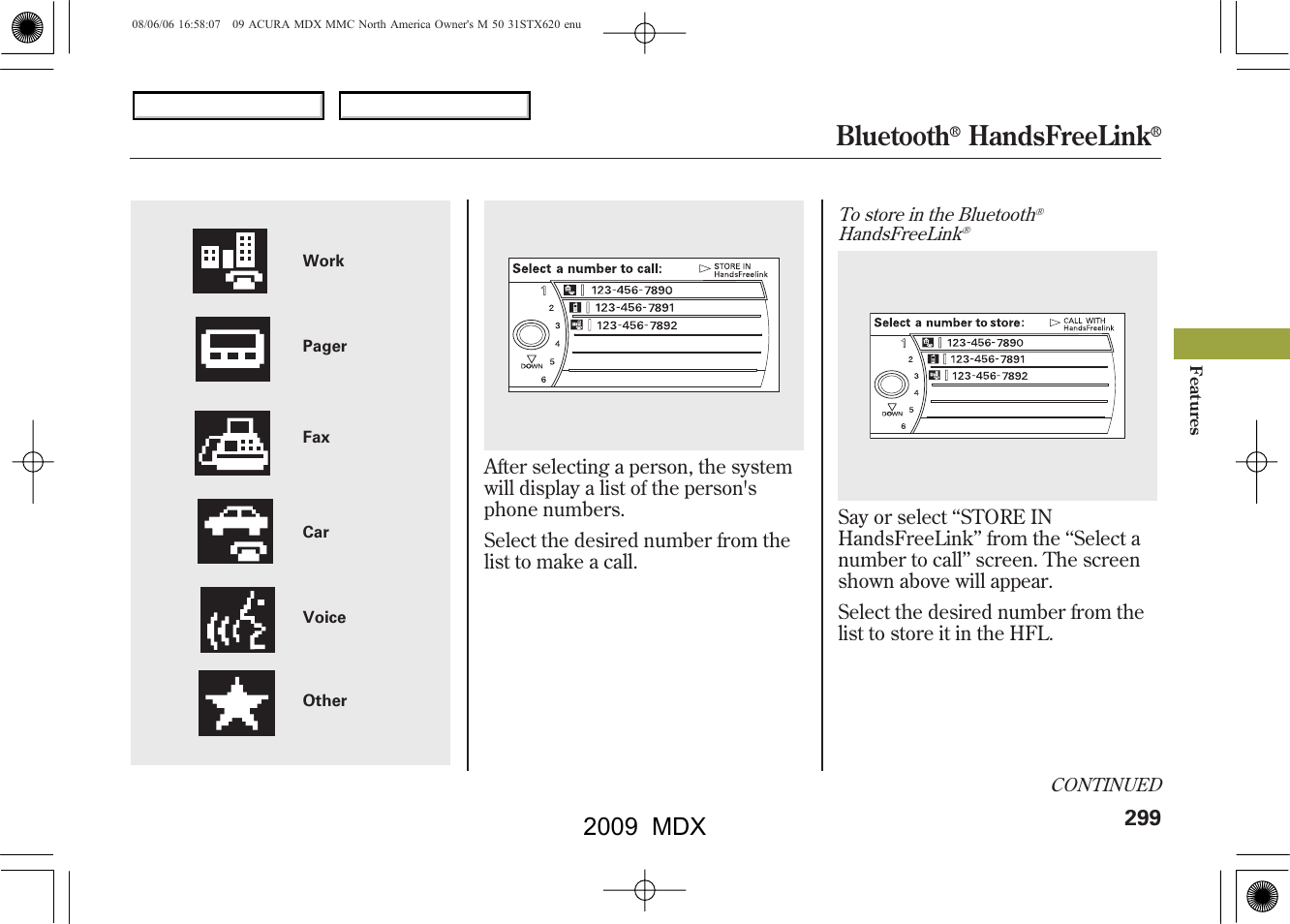 Bluetooth, Handsfreelink, 2009 mdx | Acura 2009 MDX User Manual | Page 303 / 489