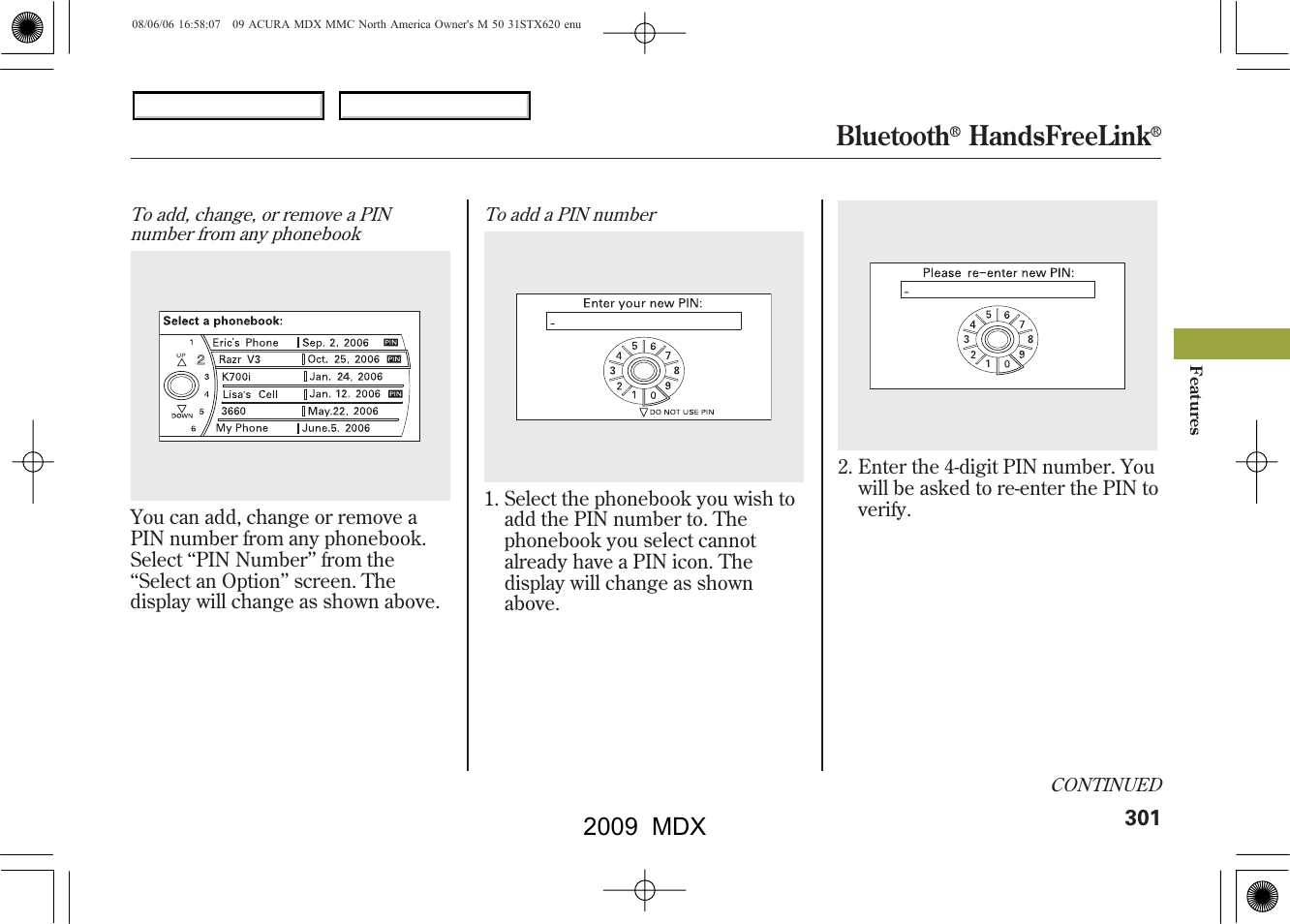 Bluetooth, Handsfreelink, 2009 mdx | Acura 2009 MDX User Manual | Page 305 / 489