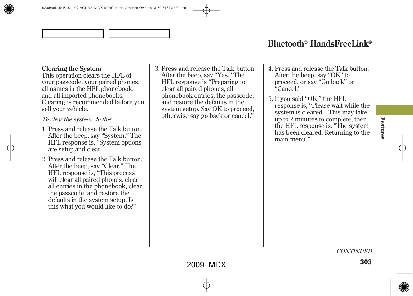 Bluetooth, Handsfreelink, 2009 mdx | Acura 2009 MDX User Manual | Page 307 / 489