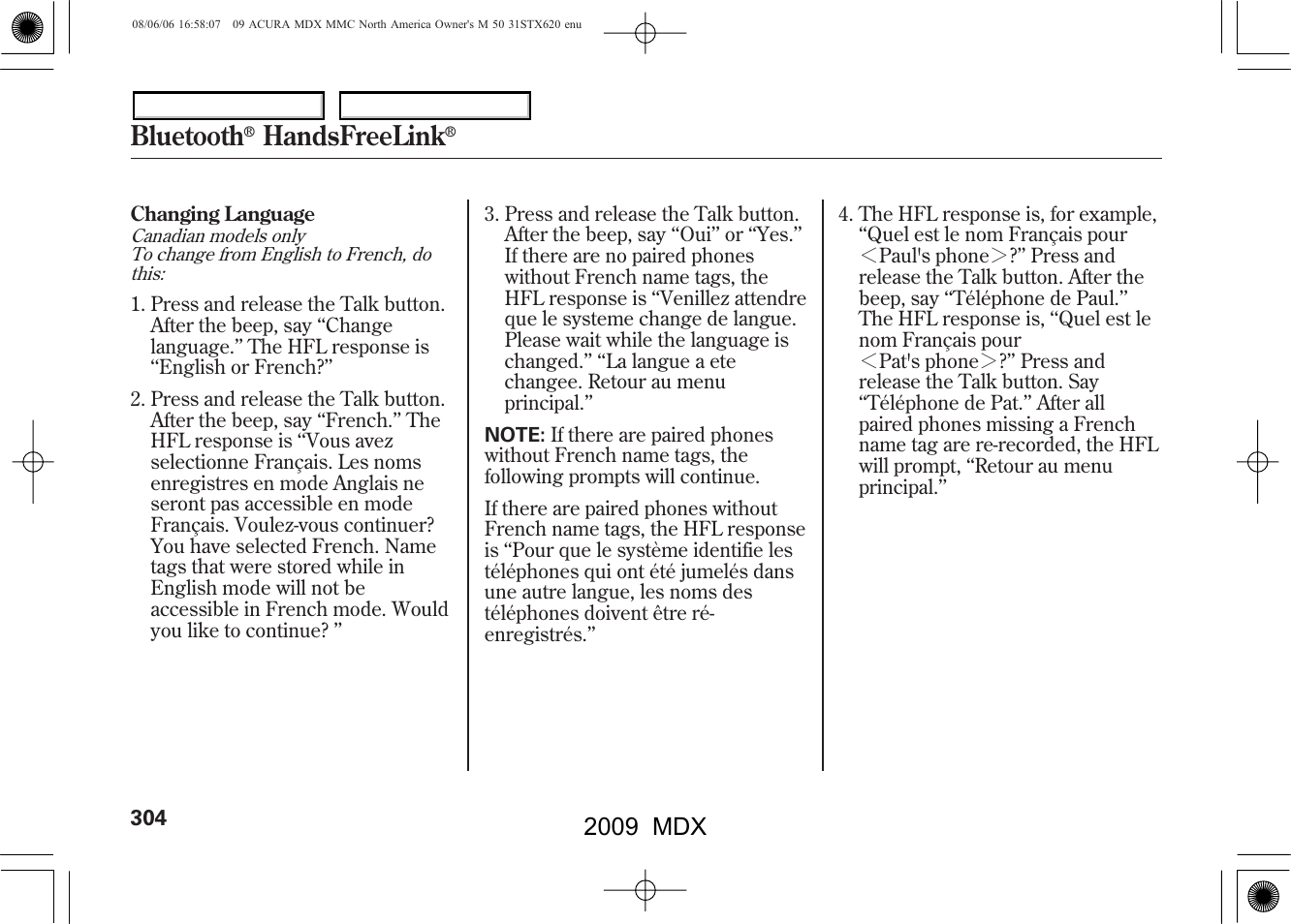 Bluetooth, Handsfreelink, 2009 mdx | Acura 2009 MDX User Manual | Page 308 / 489