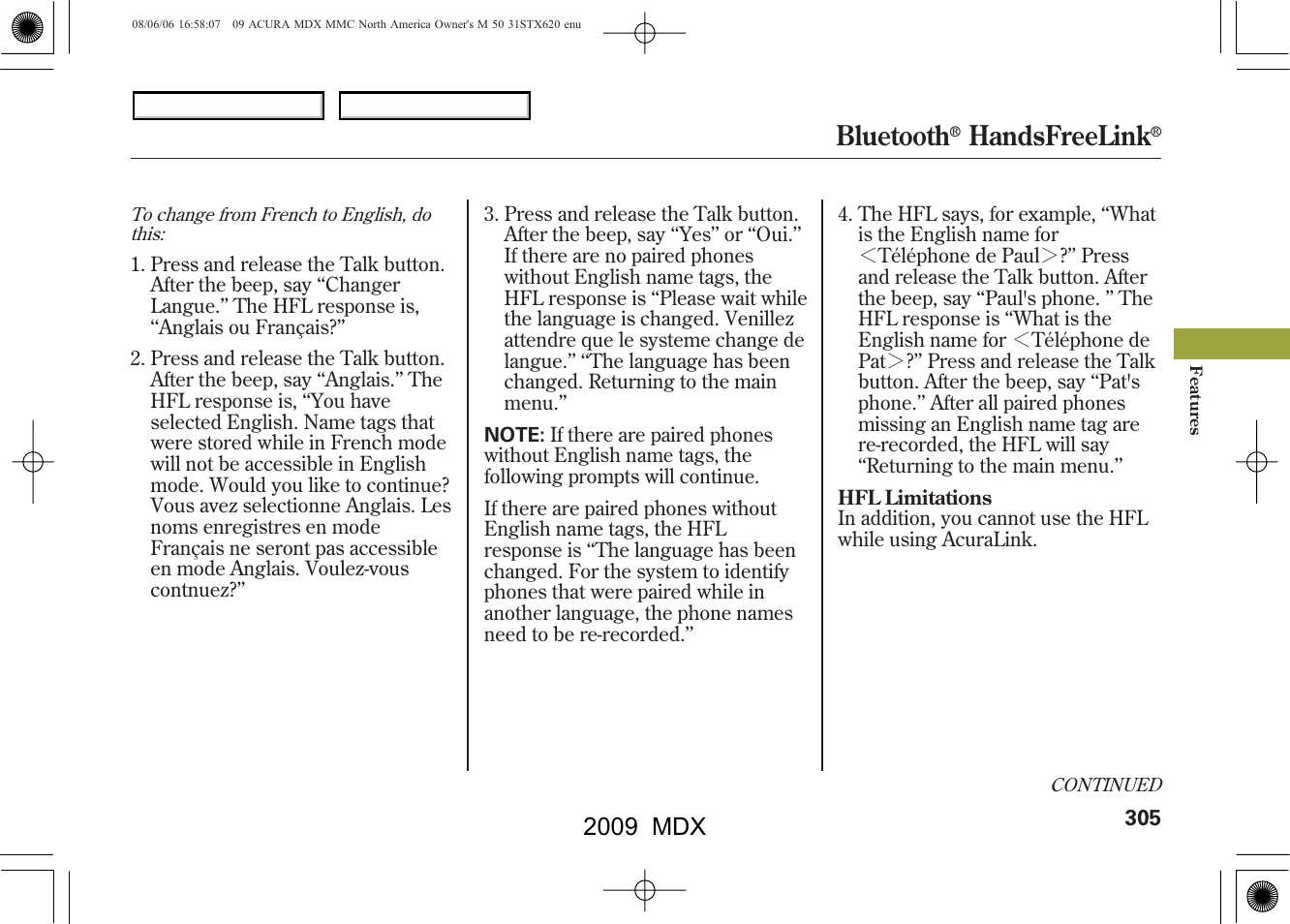 Bluetooth, Handsfreelink, 2009 mdx | Acura 2009 MDX User Manual | Page 309 / 489