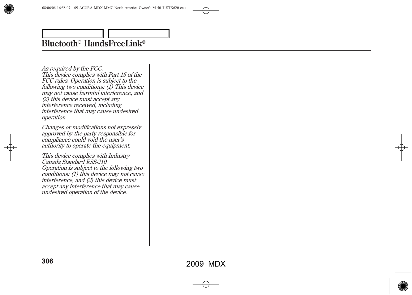 Bluetooth, Handsfreelink, 2009 mdx | Acura 2009 MDX User Manual | Page 310 / 489