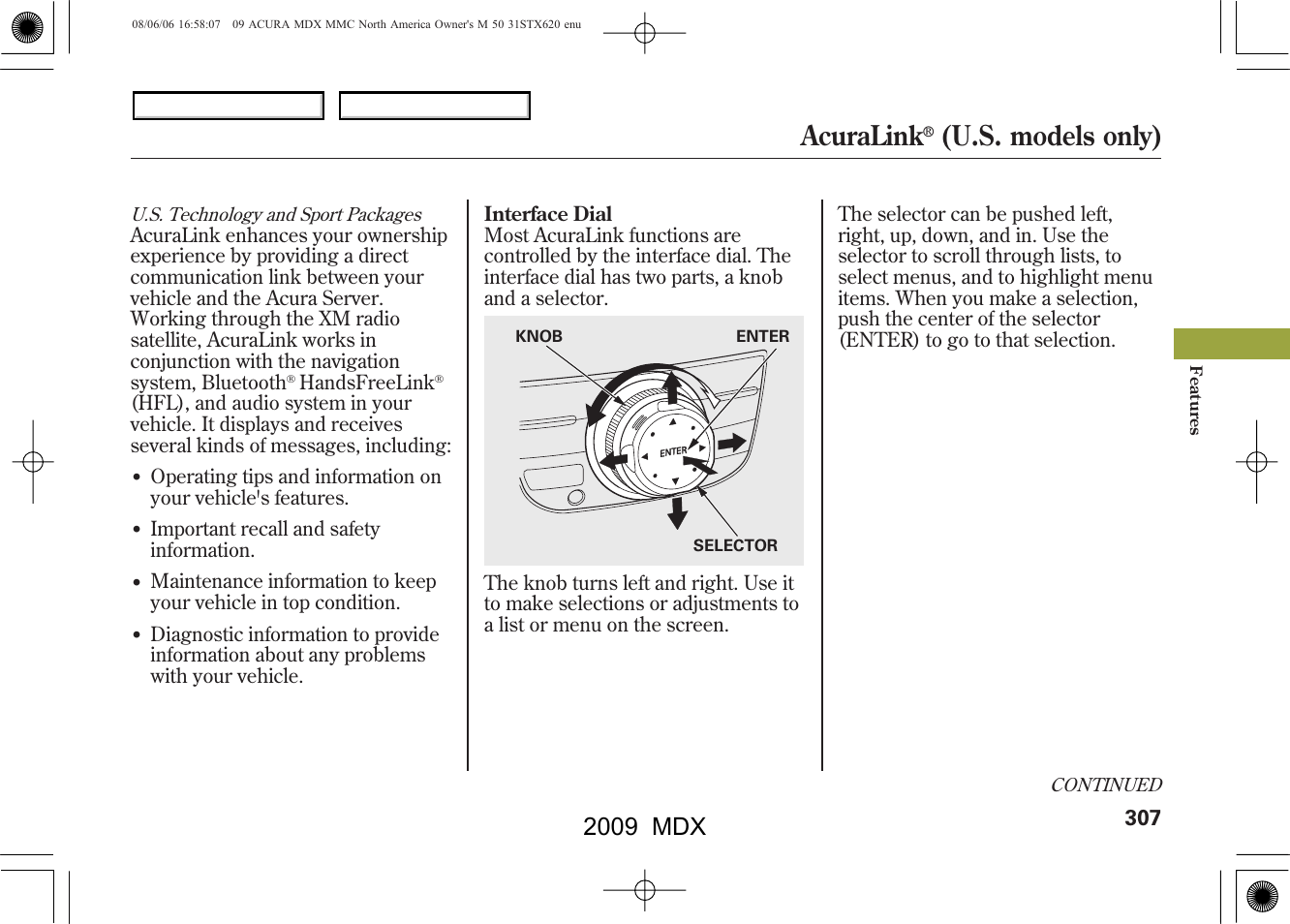 Acuralink, U.s. models only), 2009 mdx | Acura 2009 MDX User Manual | Page 311 / 489