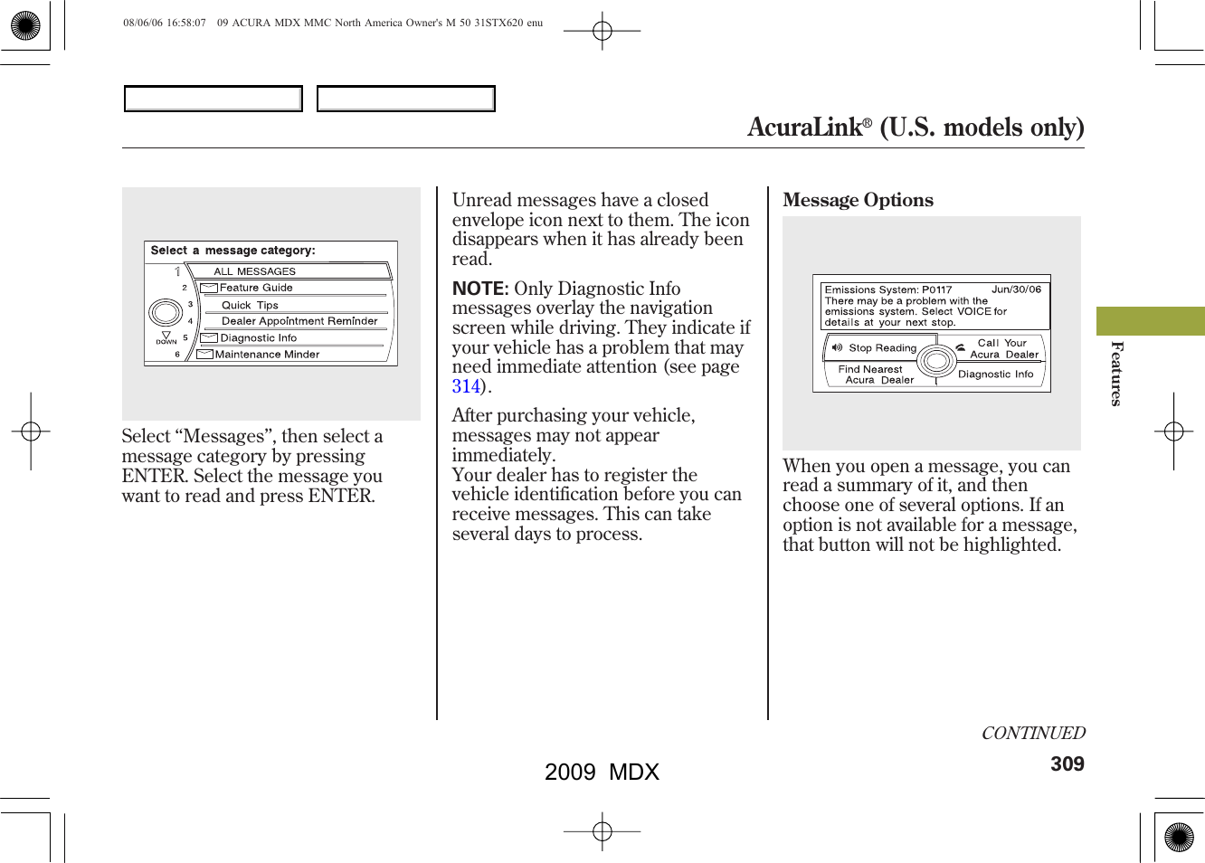 Acuralink, U.s. models only), 2009 mdx | Acura 2009 MDX User Manual | Page 313 / 489