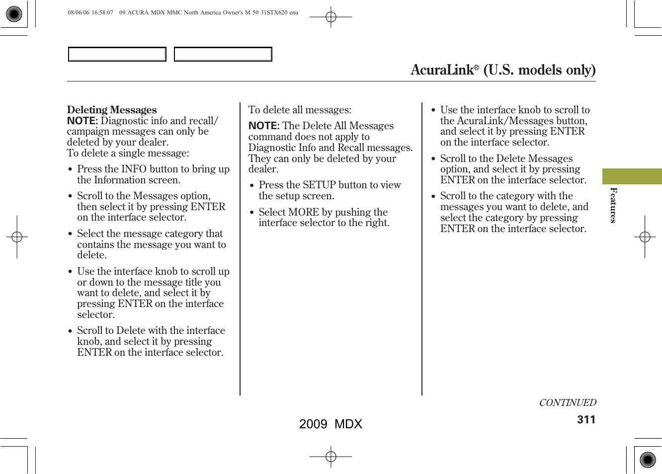 Acuralink, U.s. models only), 2009 mdx | Acura 2009 MDX User Manual | Page 315 / 489