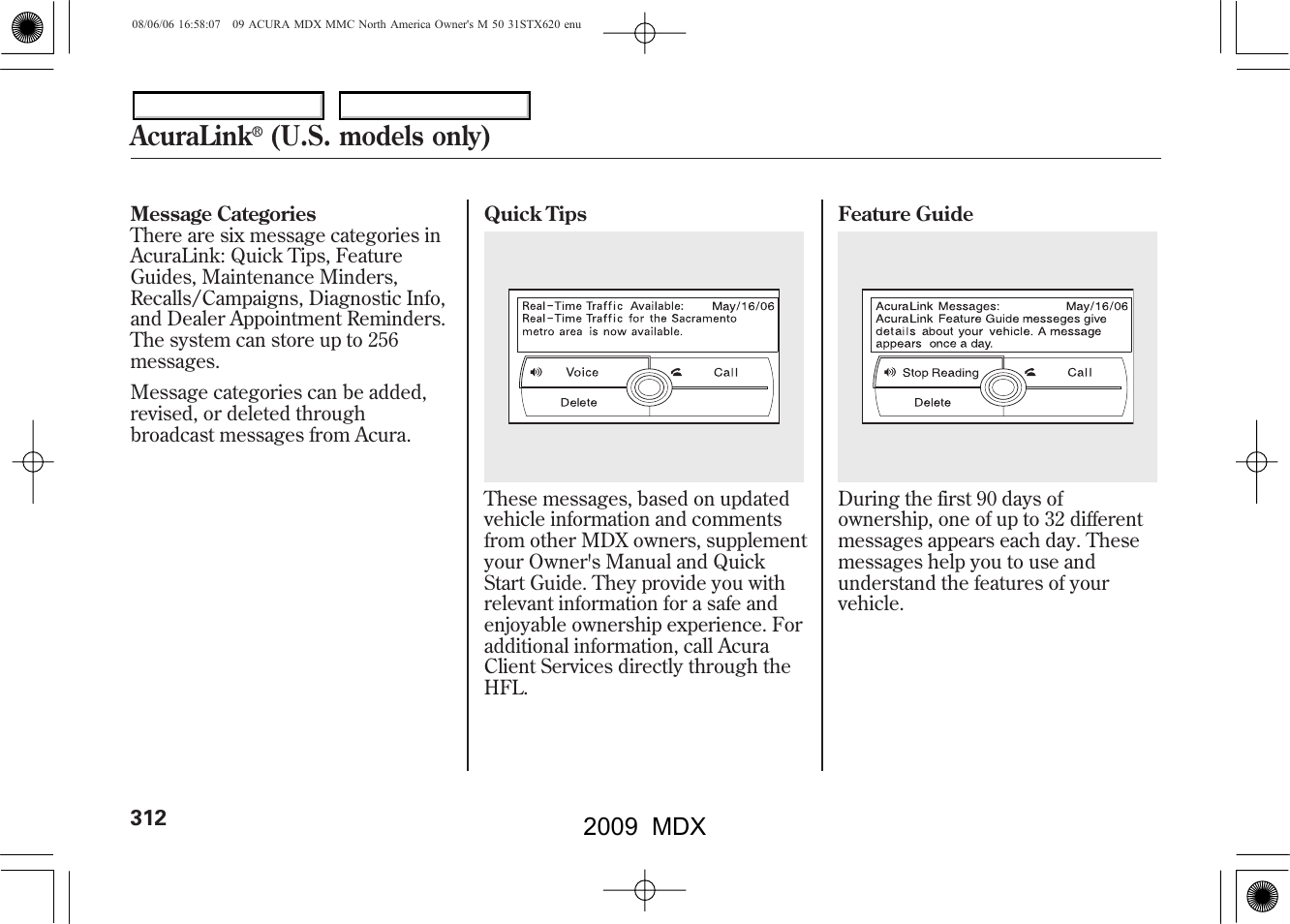 Acuralink, U.s. models only), 2009 mdx | Acura 2009 MDX User Manual | Page 316 / 489