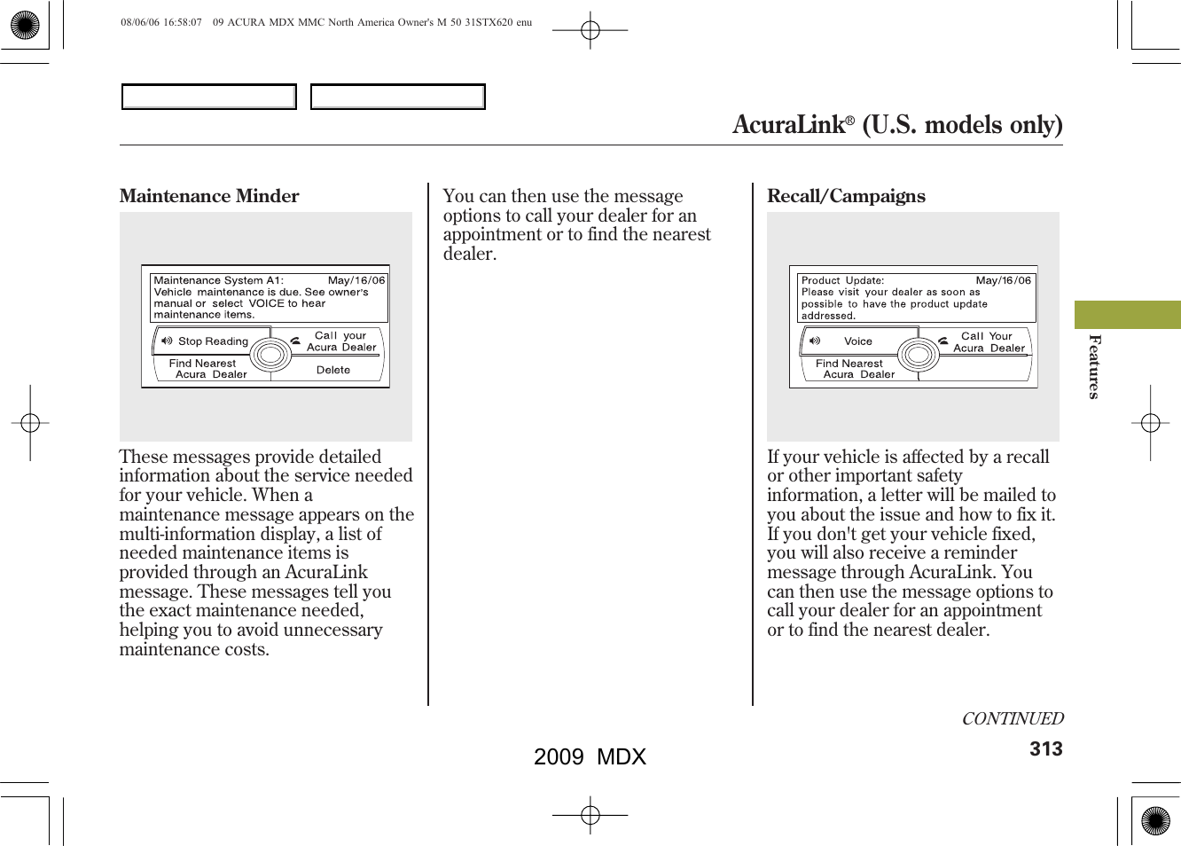 Acuralink, U.s. models only), 2009 mdx | Acura 2009 MDX User Manual | Page 317 / 489
