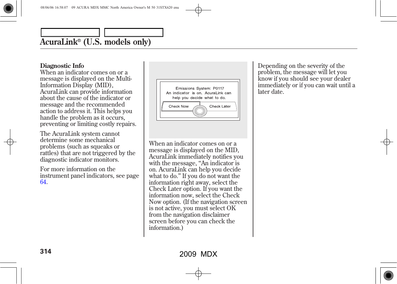 Acuralink, U.s. models only), 2009 mdx | Acura 2009 MDX User Manual | Page 318 / 489