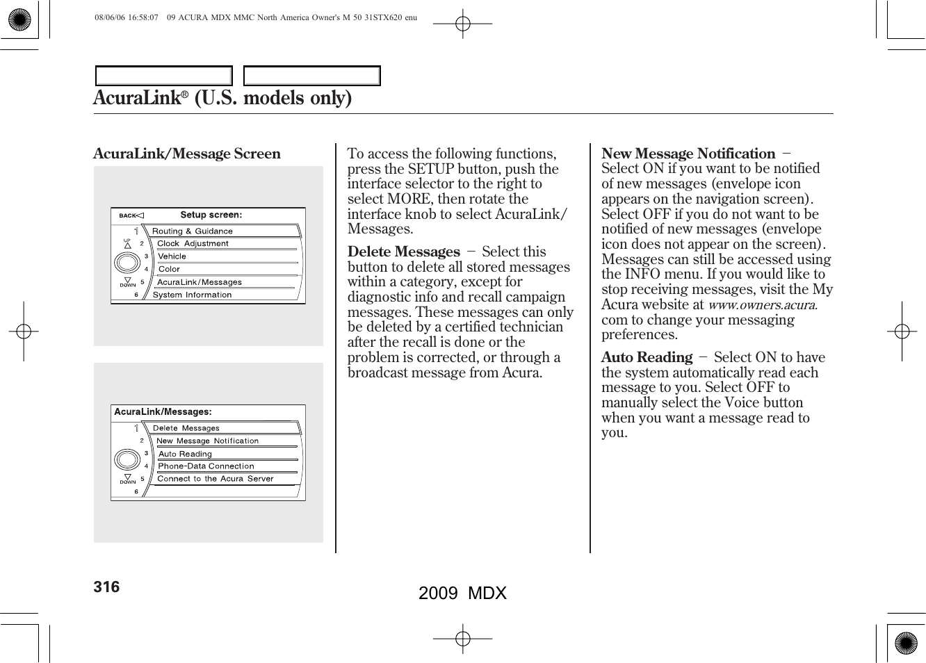 Acuralink, U.s. models only), 2009 mdx | Acura 2009 MDX User Manual | Page 320 / 489