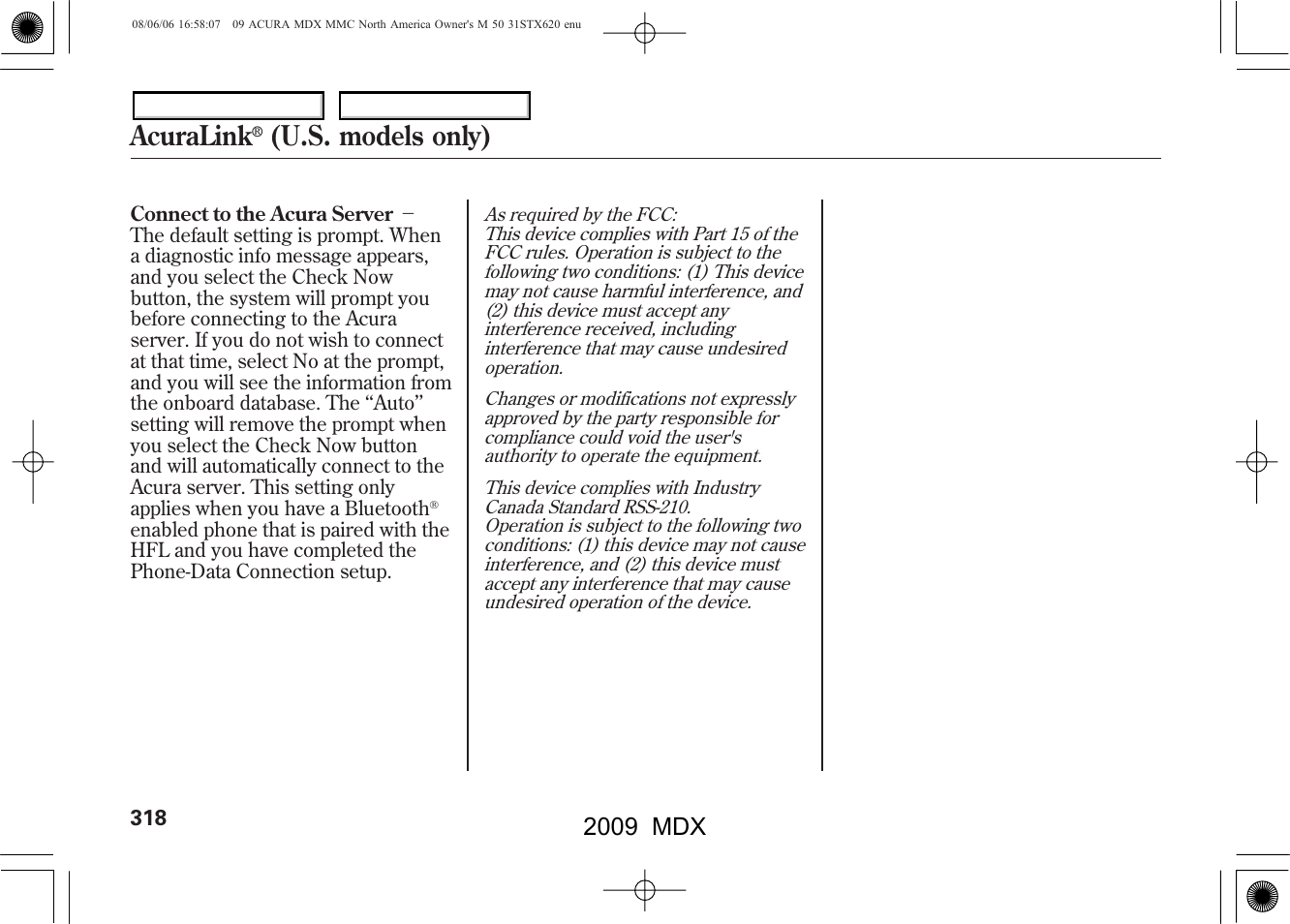 Acuralink, U.s. models only), 2009 mdx | Acura 2009 MDX User Manual | Page 322 / 489