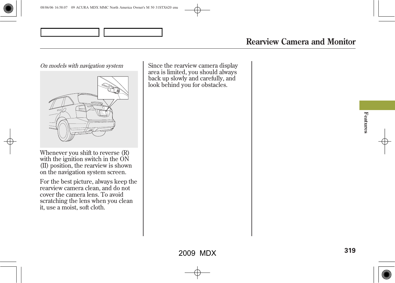 Rearview camera and monitor, 2009 mdx | Acura 2009 MDX User Manual | Page 323 / 489