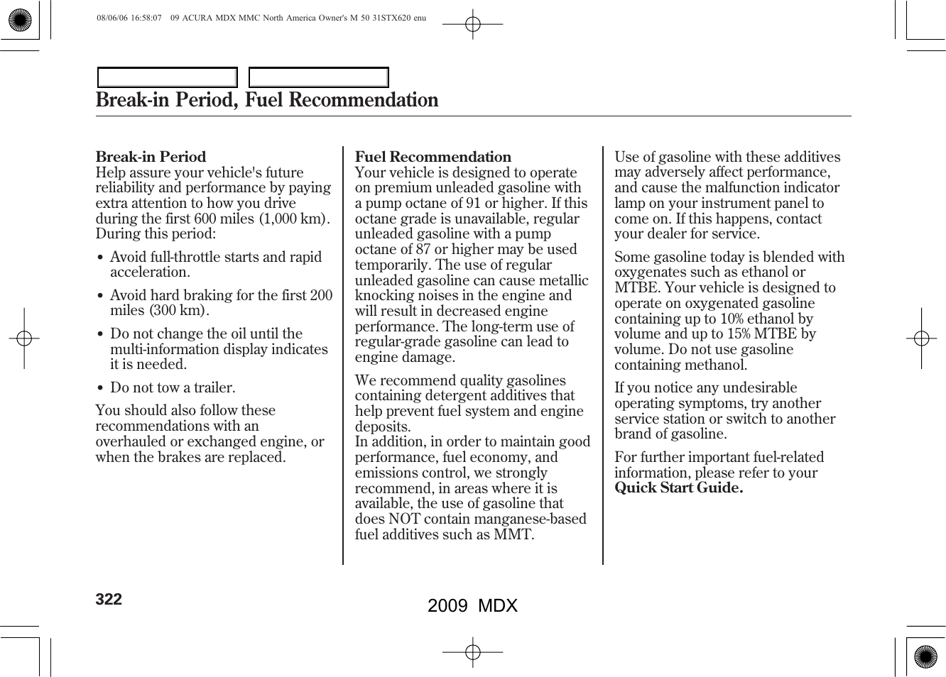 Break-in period, fuel recommendation, 2009 mdx | Acura 2009 MDX User Manual | Page 326 / 489