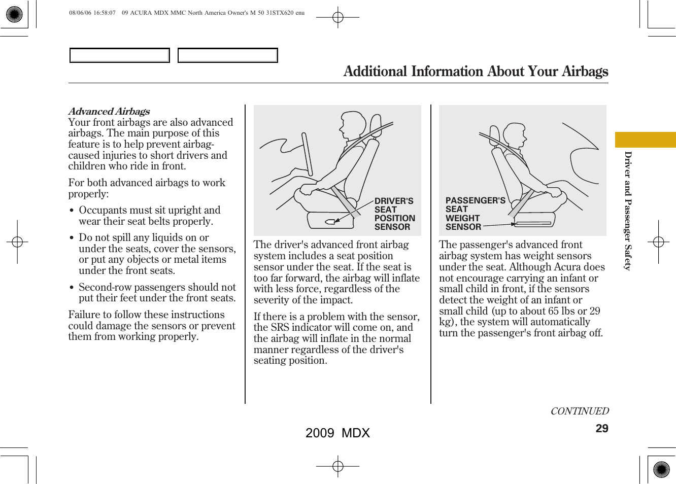 Additional information about your airbags, 2009 mdx | Acura 2009 MDX User Manual | Page 33 / 489
