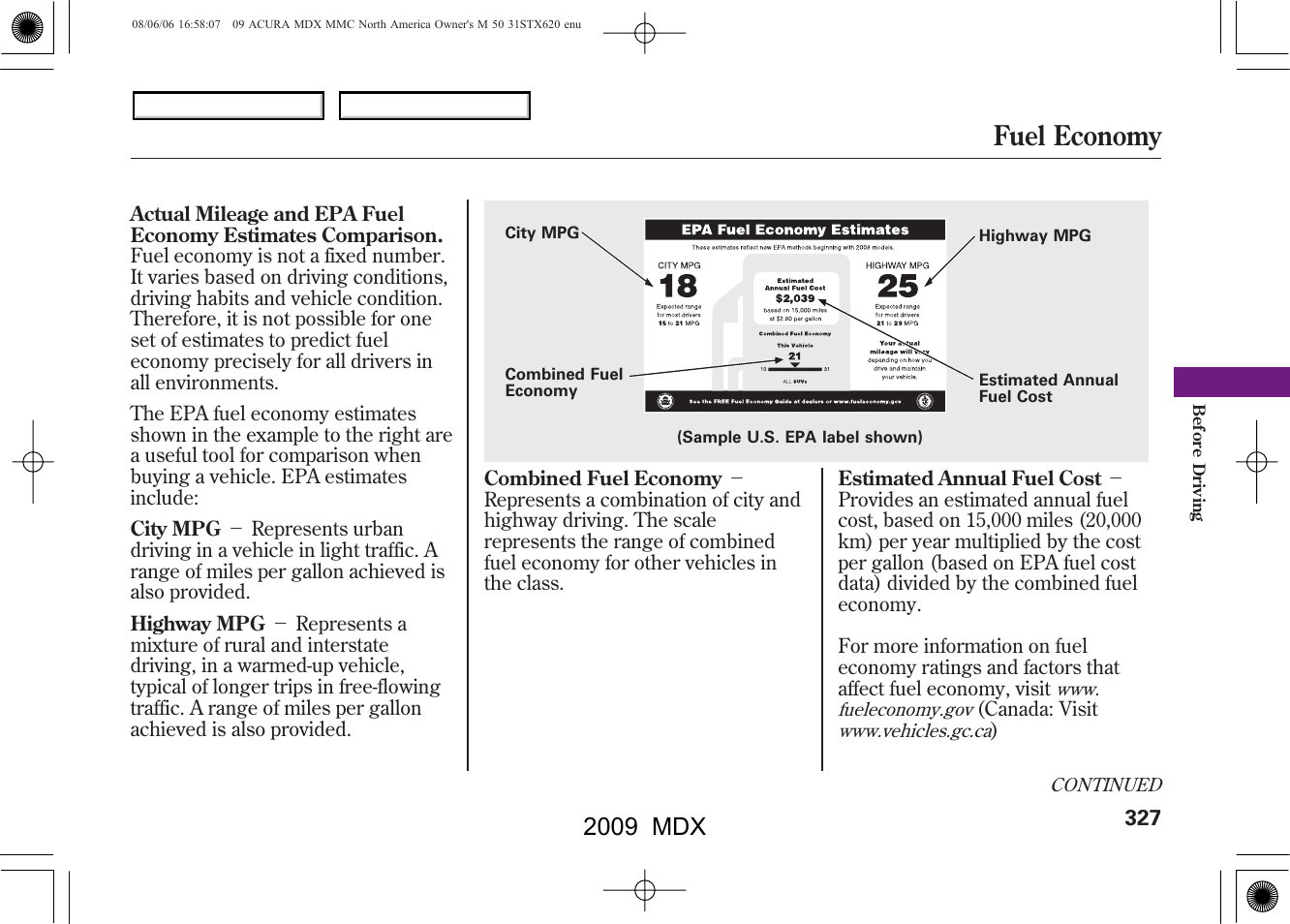 Fuel economy, 2009 mdx | Acura 2009 MDX User Manual | Page 331 / 489