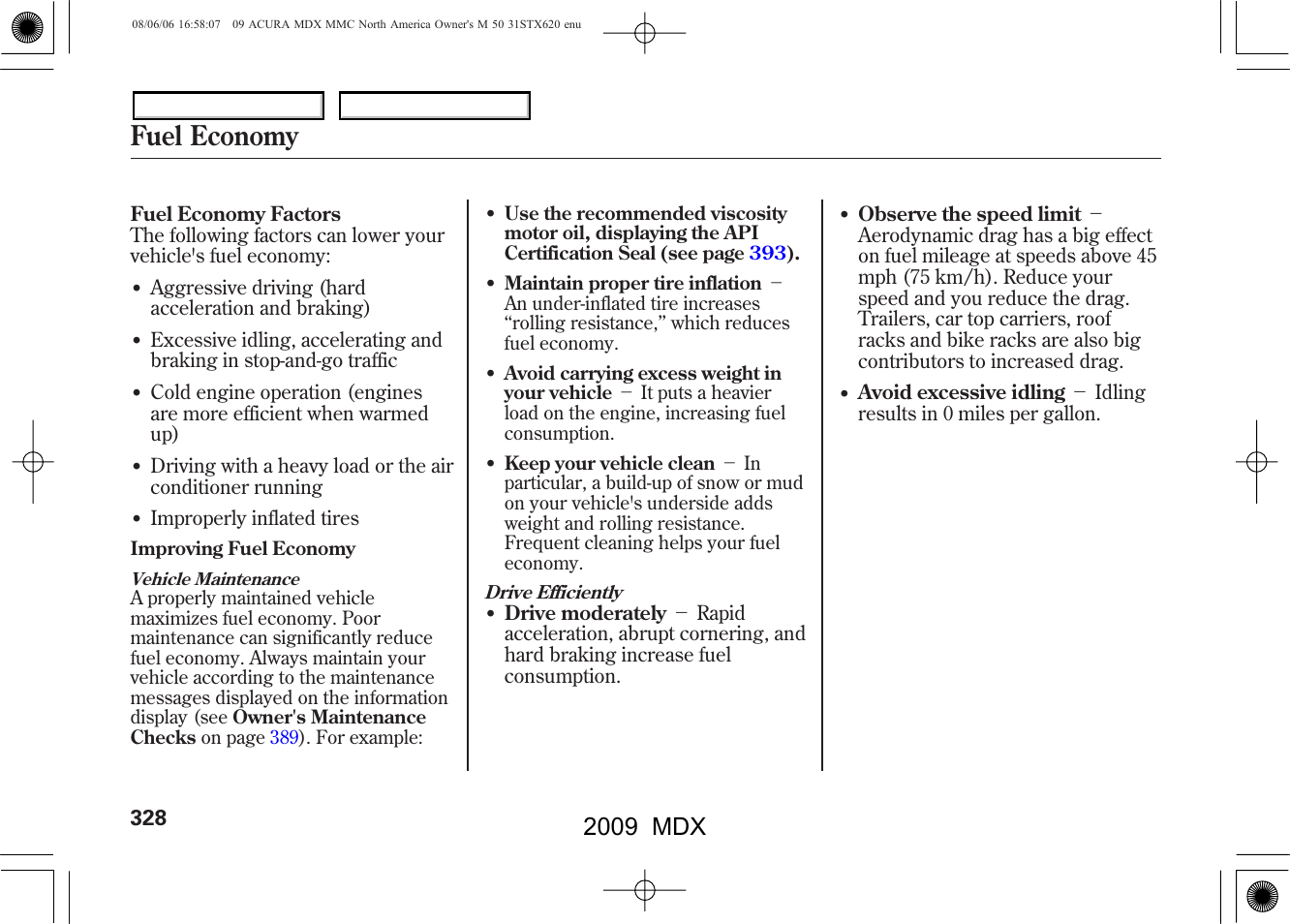 Fuel economy, 2009 mdx | Acura 2009 MDX User Manual | Page 332 / 489