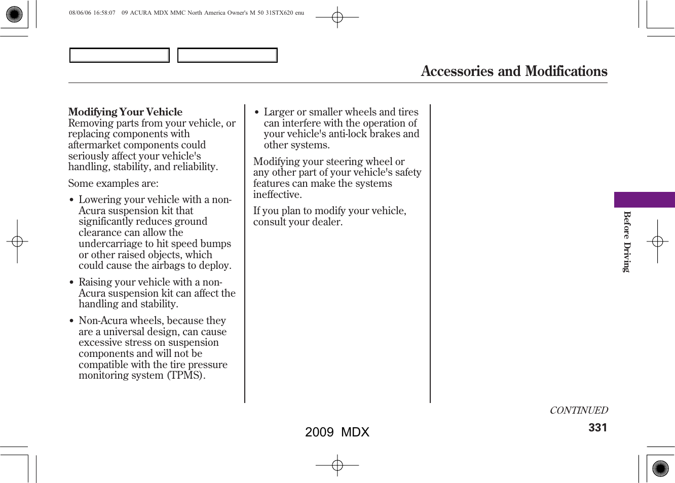 Accessories and modifications, 2009 mdx | Acura 2009 MDX User Manual | Page 335 / 489