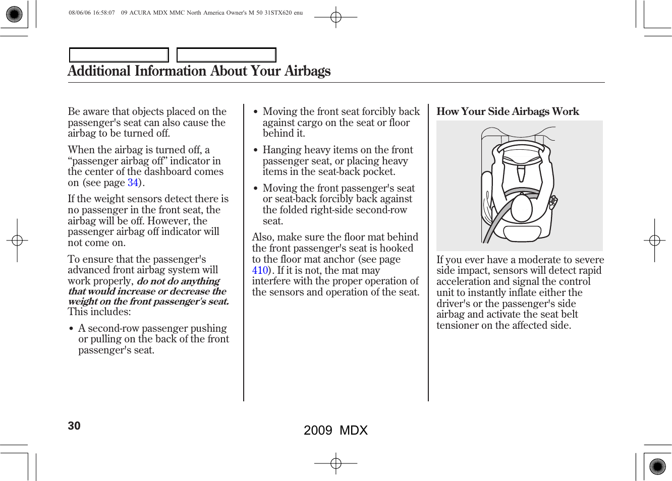 Additional information about your airbags, 2009 mdx | Acura 2009 MDX User Manual | Page 34 / 489