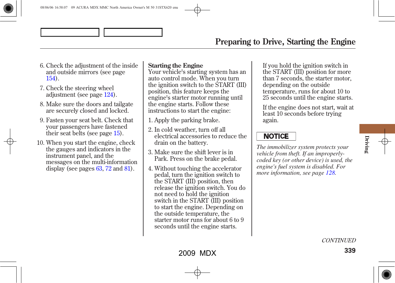 Preparing to drive, starting the engine, 2009 mdx | Acura 2009 MDX User Manual | Page 343 / 489