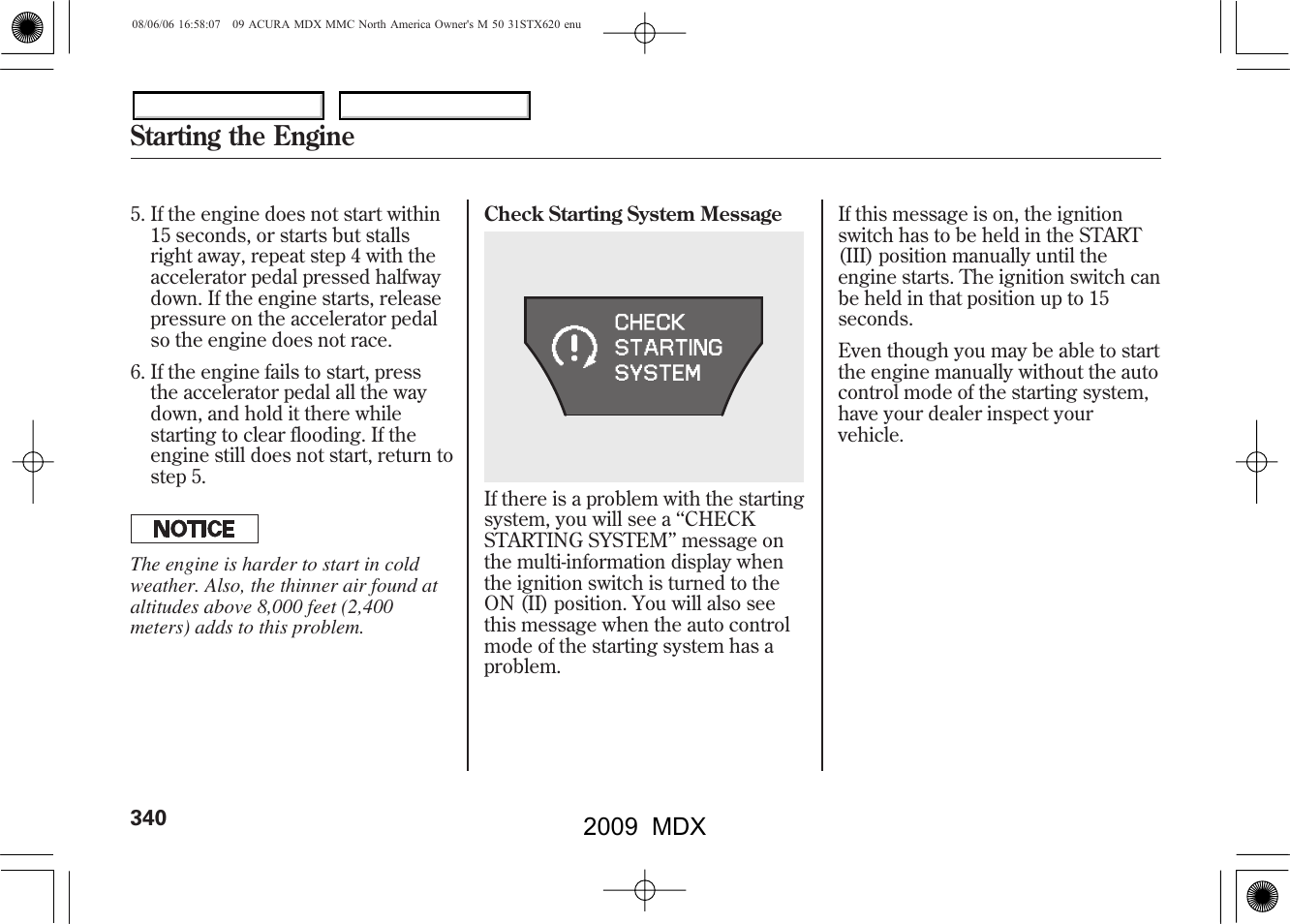 Starting the engine, 2009 mdx | Acura 2009 MDX User Manual | Page 344 / 489