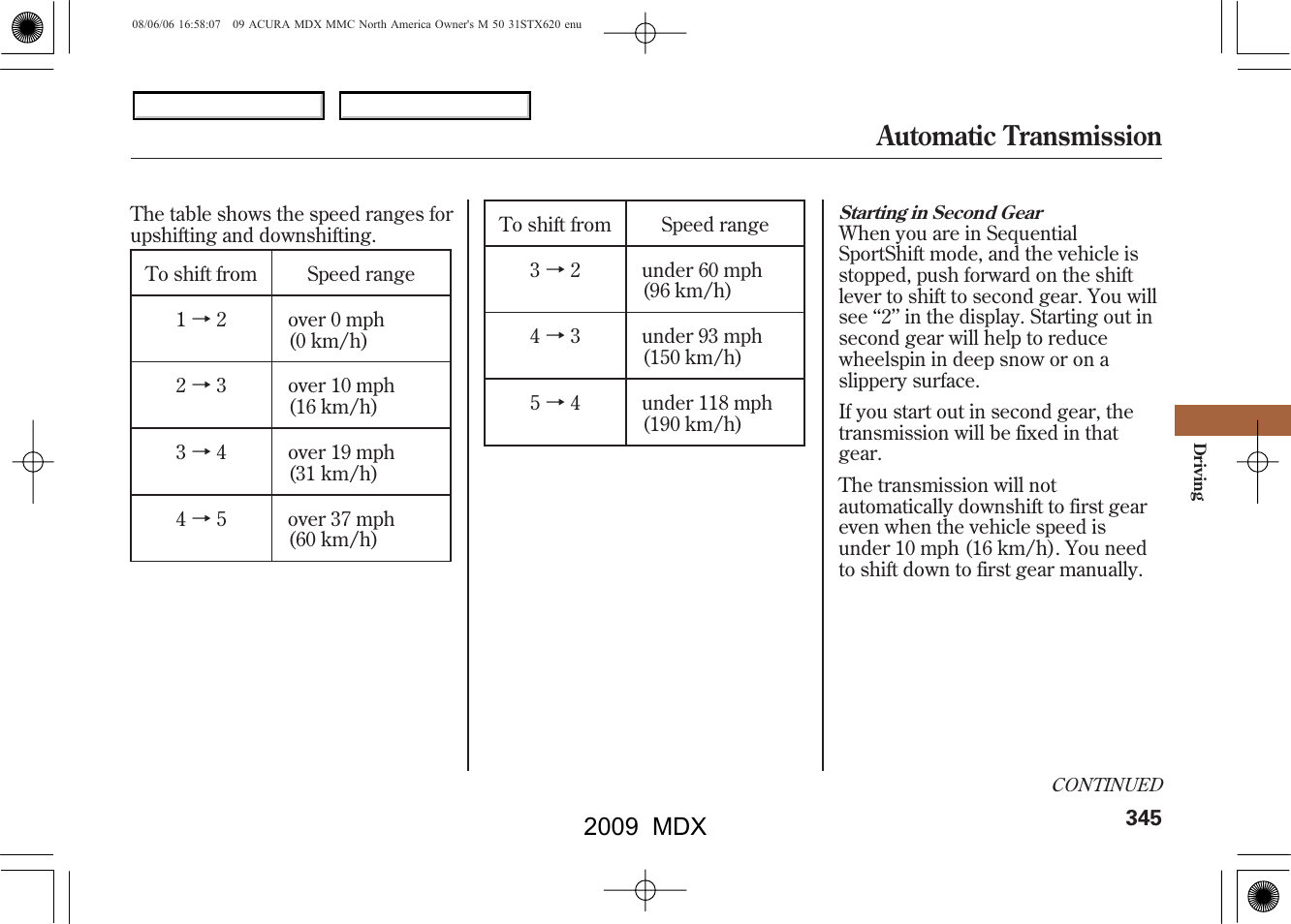 Automatic transmission, 2009 mdx | Acura 2009 MDX User Manual | Page 349 / 489