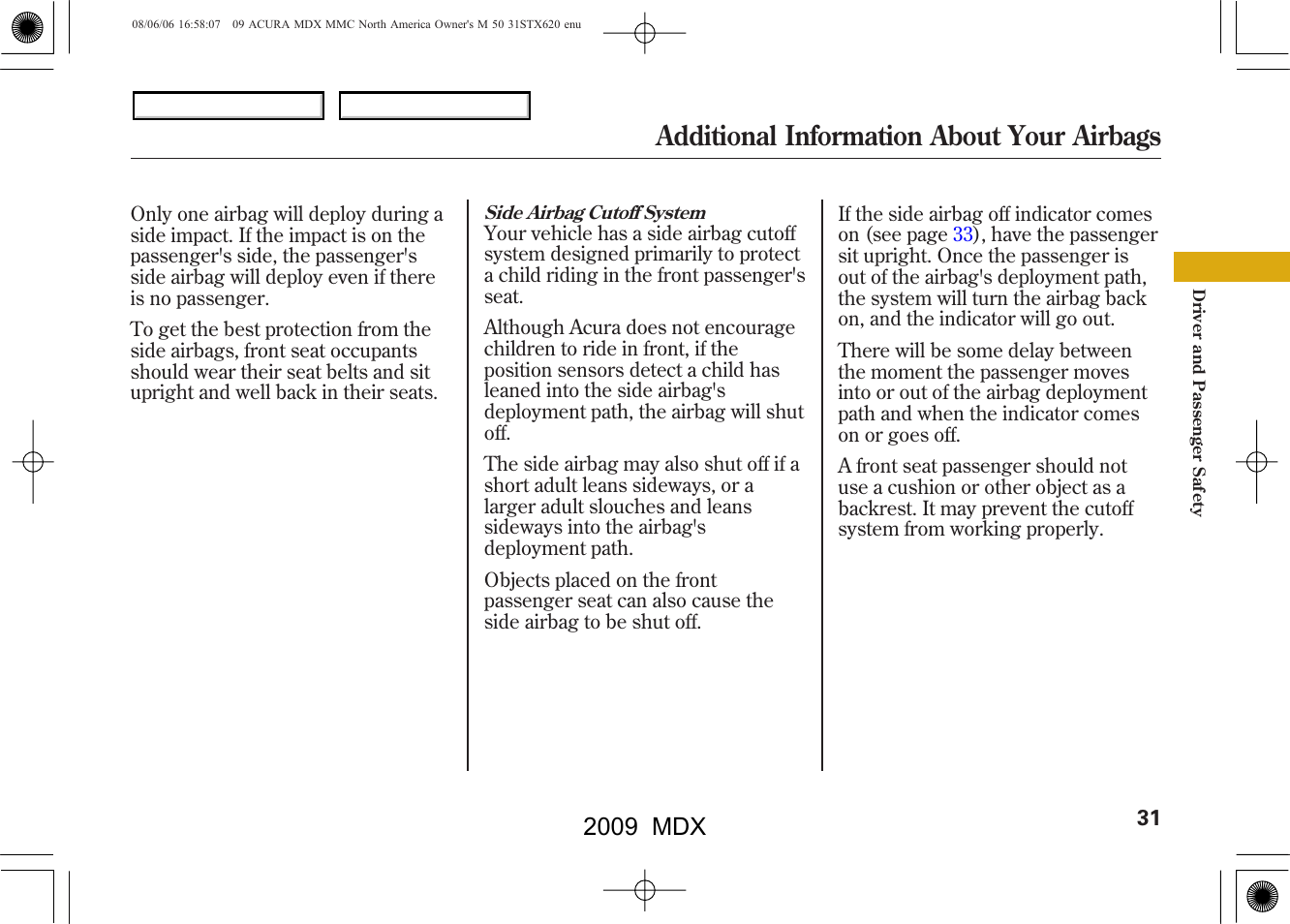 Additional information about your airbags, 2009 mdx | Acura 2009 MDX User Manual | Page 35 / 489