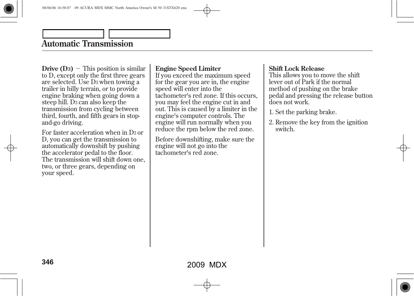Automatic transmission, 2009 mdx | Acura 2009 MDX User Manual | Page 350 / 489