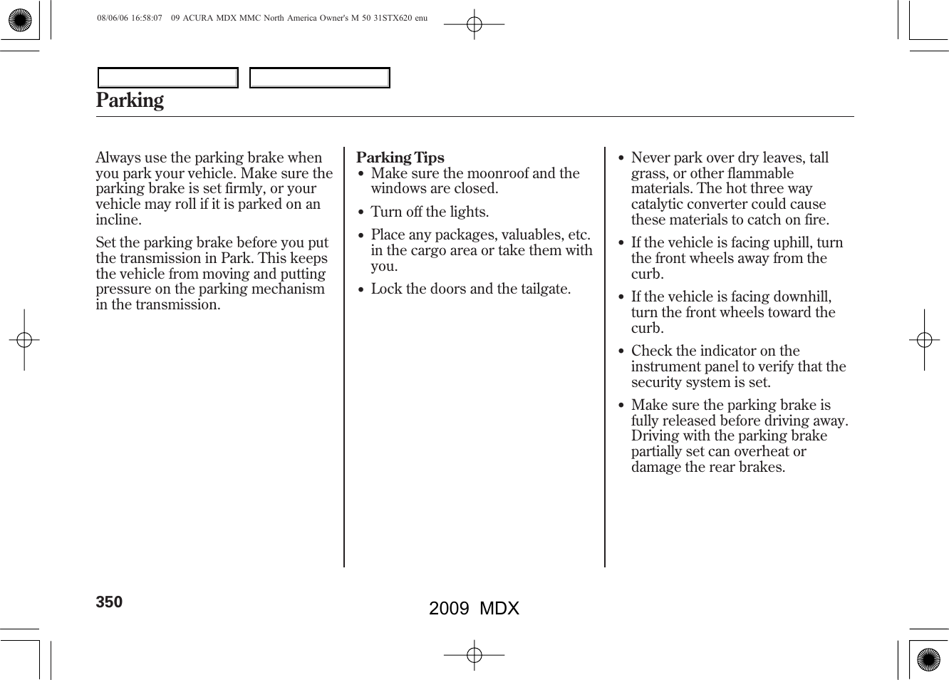Parking, 2009 mdx | Acura 2009 MDX User Manual | Page 354 / 489