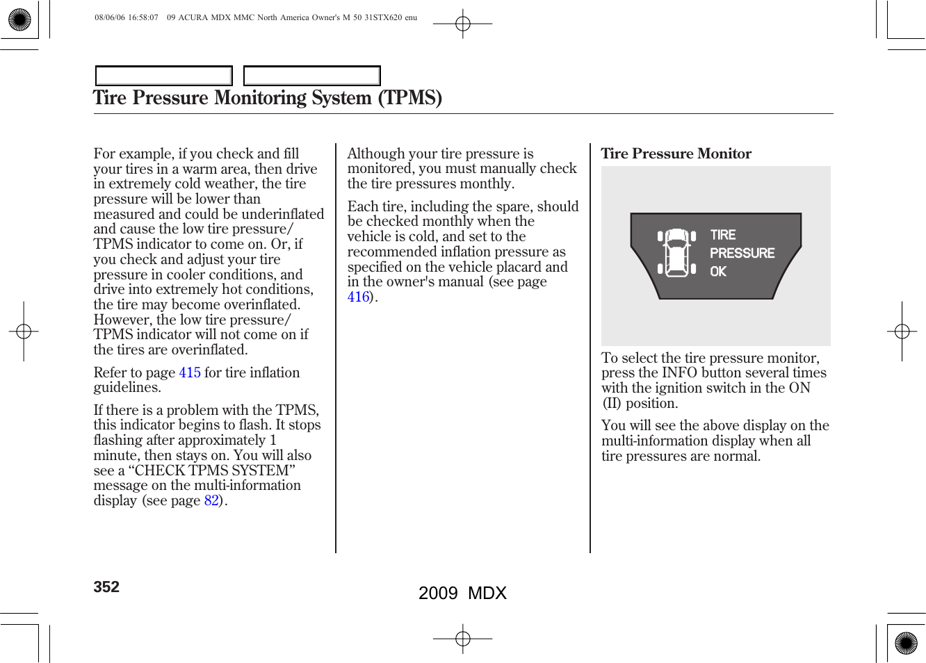 Tire pressure monitoring system (tpms), 2009 mdx | Acura 2009 MDX User Manual | Page 356 / 489