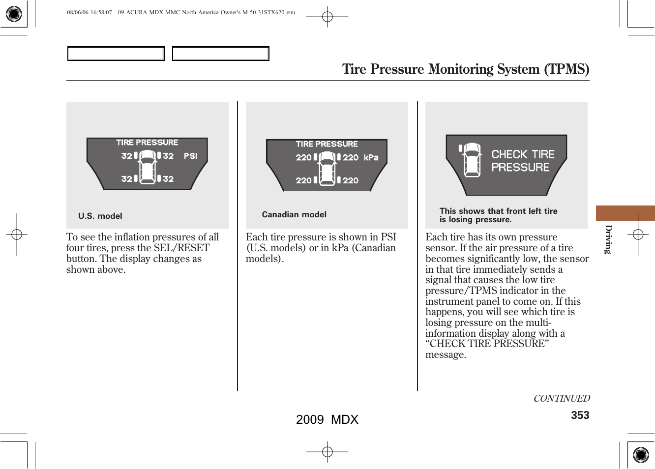 Tire pressure monitoring system (tpms), 2009 mdx | Acura 2009 MDX User Manual | Page 357 / 489