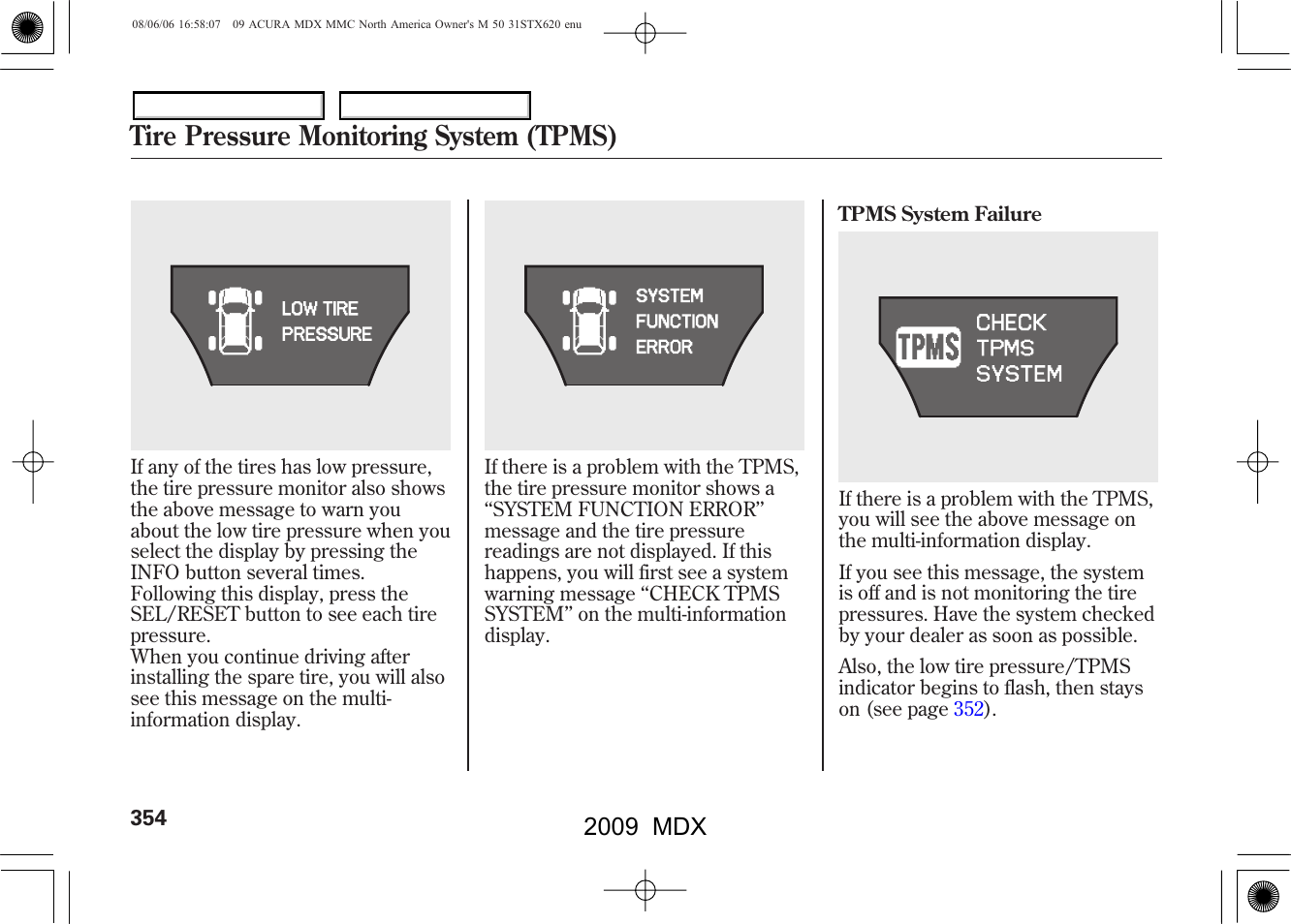 Tire pressure monitoring system (tpms), 2009 mdx | Acura 2009 MDX User Manual | Page 358 / 489