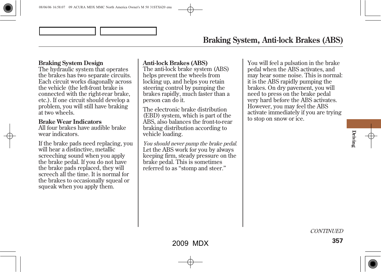 Braking system, anti-lock brakes (abs), 2009 mdx | Acura 2009 MDX User Manual | Page 361 / 489