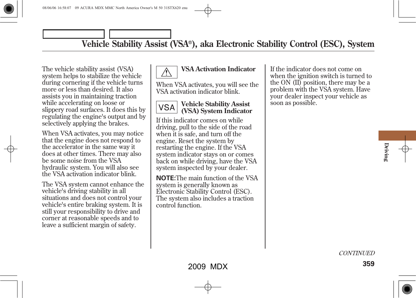 Vehicle stability assist (vsa, Aka electronic stability control (esc), system, 2009 mdx | Acura 2009 MDX User Manual | Page 363 / 489