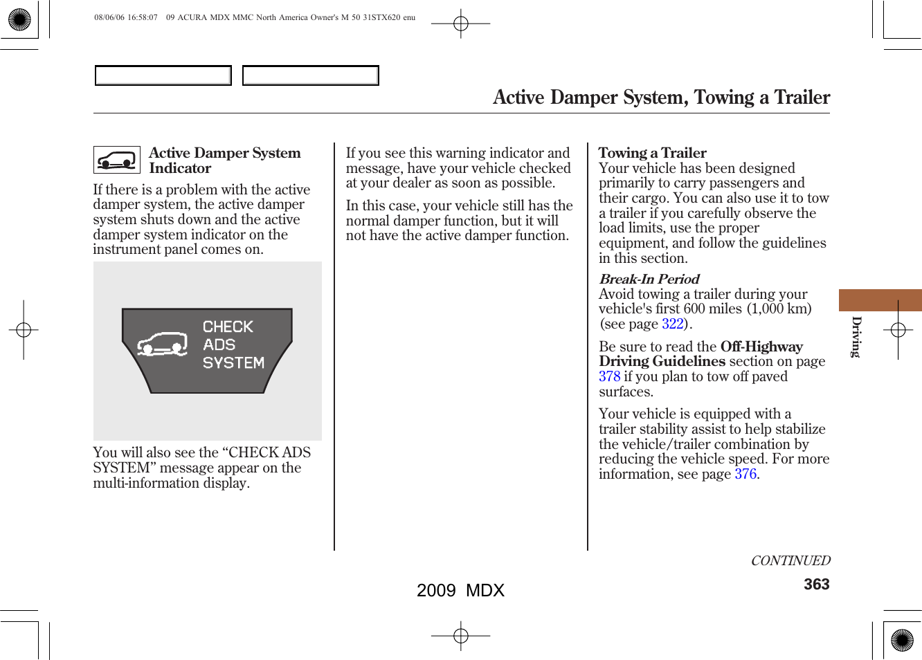 Active damper system, towing a trailer, 2009 mdx | Acura 2009 MDX User Manual | Page 367 / 489