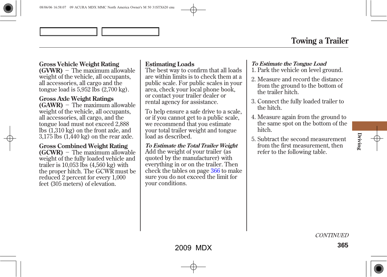 Towing a trailer, 2009 mdx | Acura 2009 MDX User Manual | Page 369 / 489