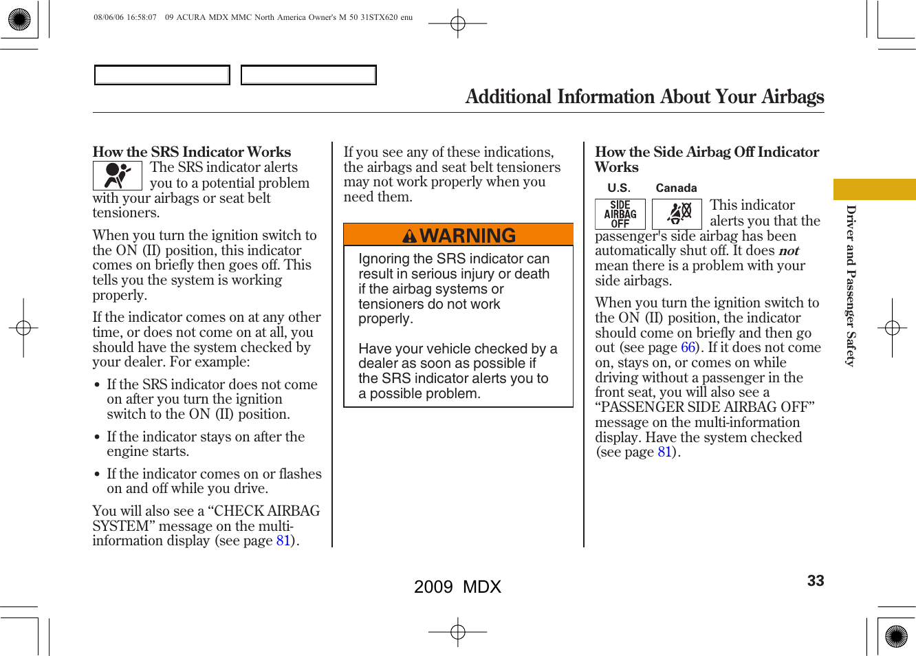 Additional information about your airbags, 2009 mdx | Acura 2009 MDX User Manual | Page 37 / 489