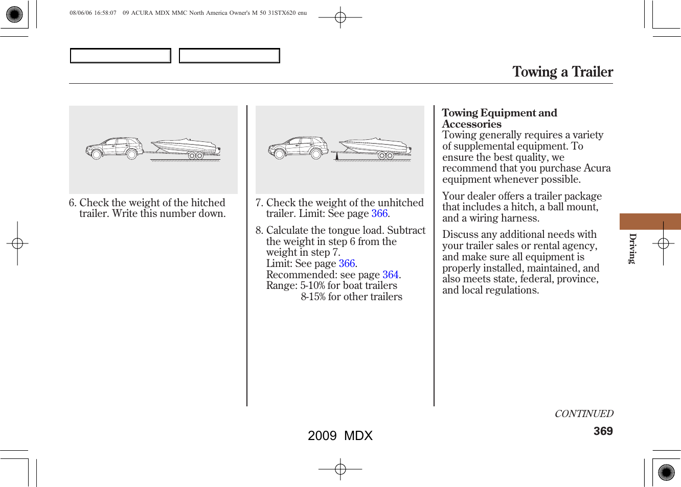 Towing a trailer, 2009 mdx | Acura 2009 MDX User Manual | Page 373 / 489