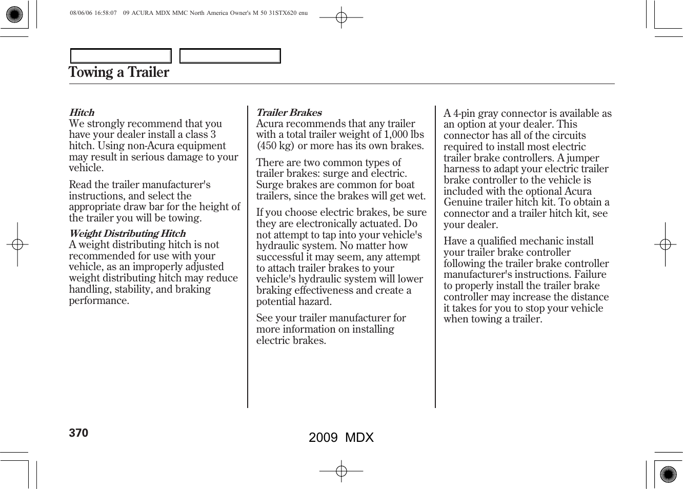 Towing a trailer, 2009 mdx | Acura 2009 MDX User Manual | Page 374 / 489