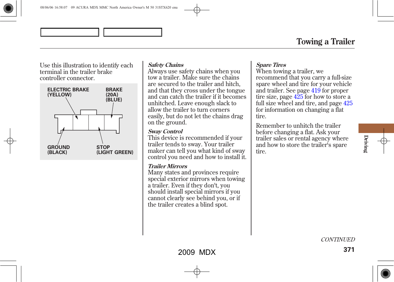 Towing a trailer, 2009 mdx | Acura 2009 MDX User Manual | Page 375 / 489