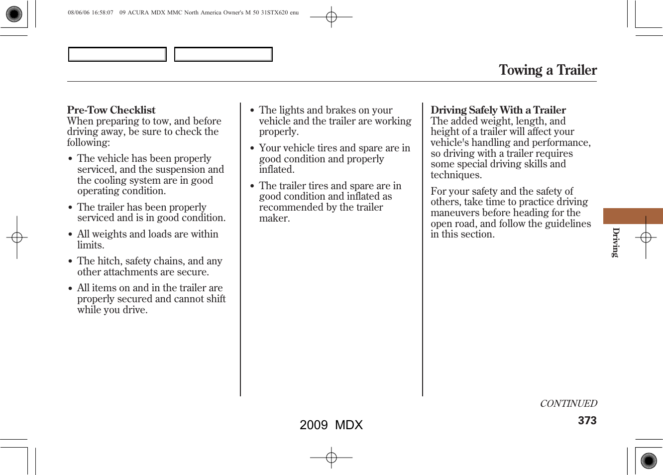 Towing a trailer, 2009 mdx | Acura 2009 MDX User Manual | Page 377 / 489