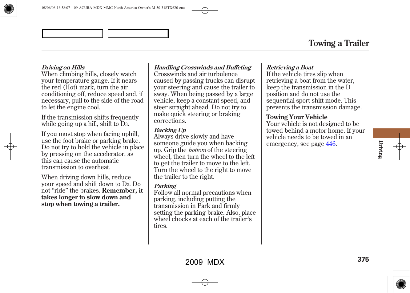 Towing a trailer, 2009 mdx | Acura 2009 MDX User Manual | Page 379 / 489