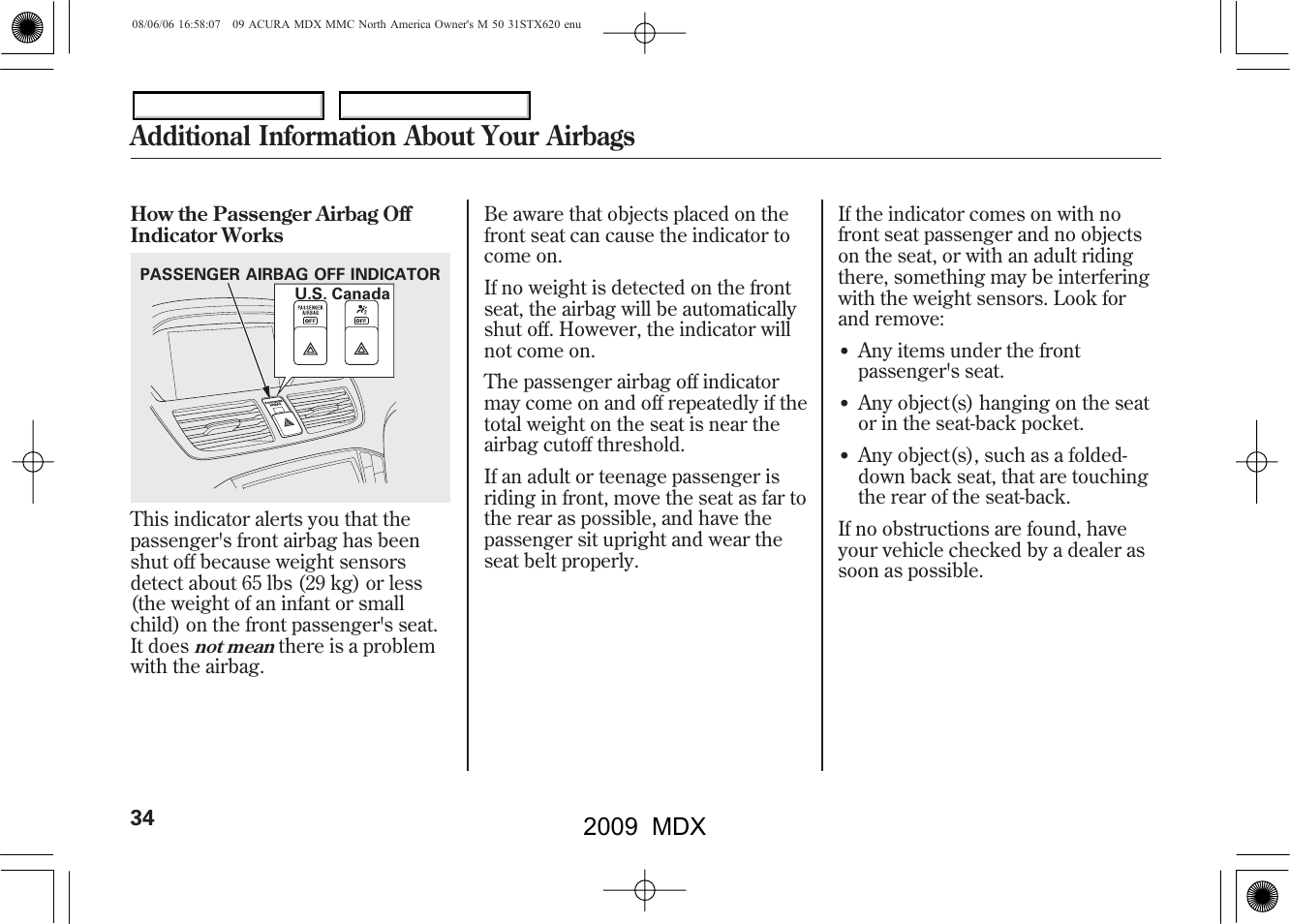 Additional information about your airbags, 2009 mdx | Acura 2009 MDX User Manual | Page 38 / 489
