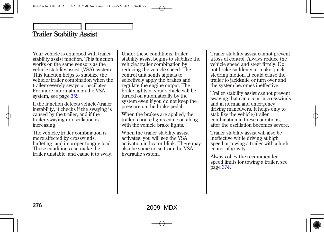 Trailer stability assist, 2009 mdx | Acura 2009 MDX User Manual | Page 380 / 489