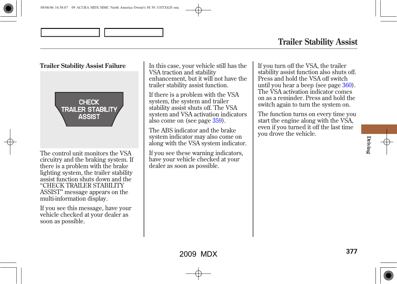 Trailer stability assist, 2009 mdx | Acura 2009 MDX User Manual | Page 381 / 489