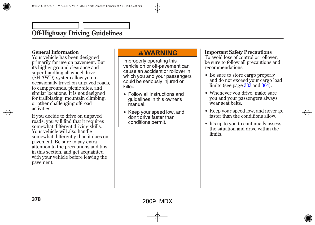 Off-highway driving guidelines, 2009 mdx | Acura 2009 MDX User Manual | Page 382 / 489
