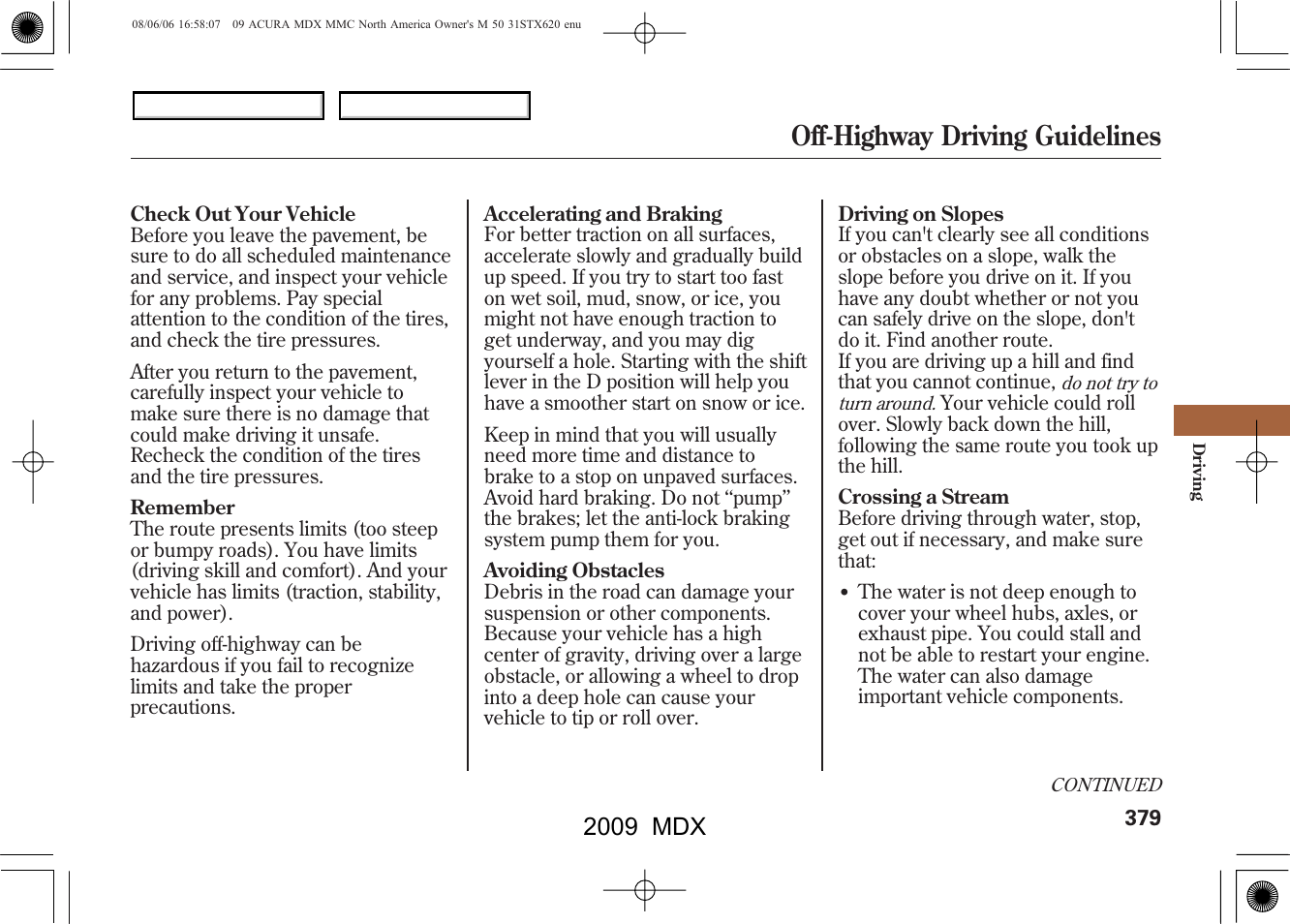 Off-highway driving guidelines, 2009 mdx | Acura 2009 MDX User Manual | Page 383 / 489