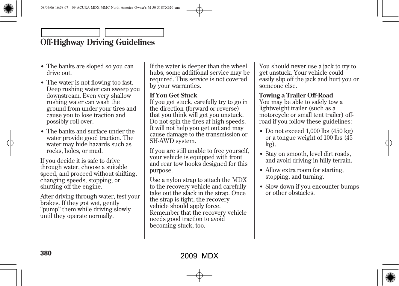 Off-highway driving guidelines, 2009 mdx | Acura 2009 MDX User Manual | Page 384 / 489